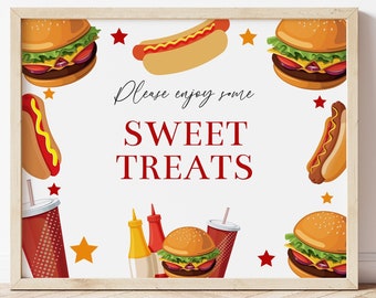 Burgers and Dogs Party Sweet Treats Sign, Burgers and Hot Dog Party Decor, Summer Birthday Party Treat Table Sign, 4th of July BBQ, BUDG