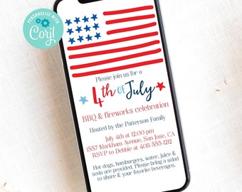 4th of July Evite Invitation Template July 4th Party Neighborhood Block Party Family Reunion Editable Corjl Printable Text or Email JUFO