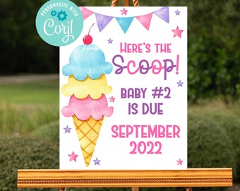 Editable Ice Cream Pregnancy Announcement Sign, Here's the Scoop, Baby Sign, Big Sister, Big Brother, Promoted, Baby Number 2, Corjl