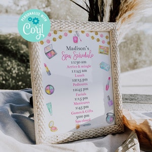 Editable Spa Schedule Sign, Spa Party Decorations, Spa Birthday, Makeup Party, Tween Birthday, Girls Birthday Party, Corjl, Printable, MASP