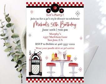 Editable 50's Birthday Party Invitation Template, 50's Party, Diner Invitation, Juke Box Invite, Printable Red and Black, Corjl, JREV