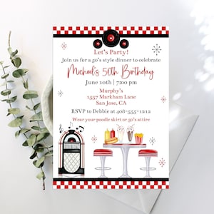 Editable 50&#39;s Birthday Party Invitation Template, 50&#39;s Party, Diner Invitation, Juke Box Invite, Printable Red and Black, Corjl, JREV