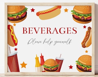 Burgers and Dogs Beverages Sign, Hamburgers and Hot Dog Party Decorations, Summer Birthday Party Drinks Sign, 4th of July BBQ Party, BUDG