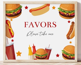 Burgers and Dogs Party Favors Sign, Hamburgers and Hot Dog Party Decorations, Summer Birthday Party Favor Table Sign, 4th of July BBQ, BUDG