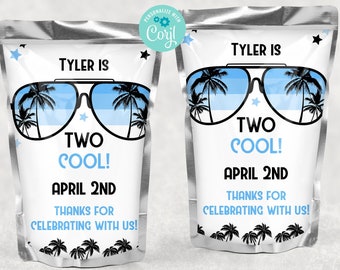Two Cool Juice Label Template, Birthday Party Decorations, Sunglasses 2nd Birthday Party, Second Birthday Juice Pouch Label, Corjl, BLOC