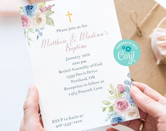 Editable Twins Baptism Invitation Template, Baptism Invite, Floral, Pink and Blue Flowers, Printable, Corjl, Boy and Girl Instant, PBBA