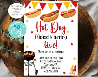 Hot Dog Party Invitation Template, Hot Dog Birthday Invite, Printable Birthday Invitation, Corjl, BBQ Birthday, 4th Of July, Editable, HOTD