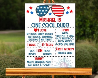 Editable One Cool Dude Milestone Sign 4th of July Birthday 1st Birthday First Birthday Party Printable Sign Corjl Digital Sunglasses ONEF