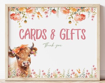 Highland Cow Cards and Gifts Sign, Printable Cow Birthday Party Decor, Girls Birthday Gift Table Sign, Instant Download, Herd The Moos, HCHC