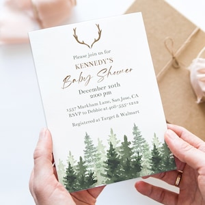 Editable Forest Baby Shower Invitation Template Deer Antlers Invite Rustic Baby Shower Invitation Gender Neutral Printable Invite Corjl FARB