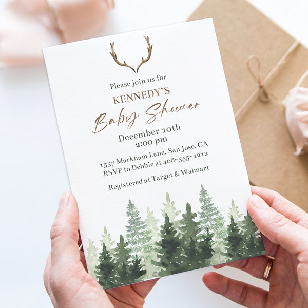 Bearbeitbare Wald Babyparty Einladung Vorlage Hirschgeweih Invite Rustikale Baby Shower Einladung Geschlecht Neutral druckbare Invite Corjl FARB