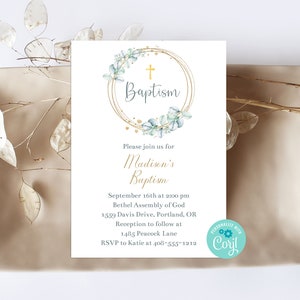 Editable Baptism Invitation Template, Baptism Invite, Eucalyptus, Minimalist, Boho, Printable Invitation, Corjl, Instant Download, EUBA