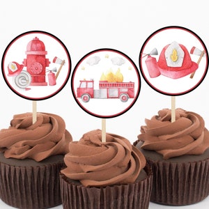 Printable Firetruck Cupcake Toppers, Firefighter Birthday Decorations, Fire Truck Birthday Decor, Fireman Party, Instant Download, FWBP