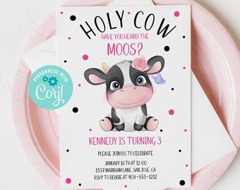 Editable Cow Birthday Invitation Template, Printable Holy Cow Invite, Have You Heard The Moos, Farm Birthday Party, Editable, Corjl, HCHM