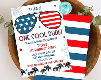 Editable One Cool Dude Invitation 4th of July Birthday 1st Birthday Invitation First Birthday Summer Birthday Party Fireworks Corjl ONEF