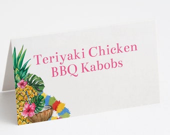 Editable Hawaiian Luau Food Card Template, Luau Dinner Place Cards, Luau Party Decorations, Tropical Table Decor, Summer Party, Corjl, HLDA