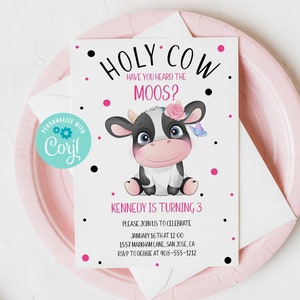 Modelo de convite de aniversário de vaca editável, convite para imprimir &quot;Holy Cow&quot;, &quot;Você ouviu os mugidos&quot;, festa de aniversário na fazenda, editável, Corjl, HCHM