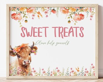 Highland Cow Sweet Treats Sign, Printable Cow Birthday Party Decor, Girls Birthday Treat Table Sign, Instant Download, Herd The Moos, HCHC