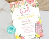 Editable Lemonade Baby Shower Invitation Template It's a Girl Pink Lemonade Baby Shower Sprinkle Floral Sunshine and Lemonade Corjl PLGL Il_170x135