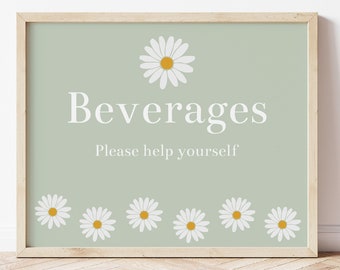 Daisy Beverages Sign For Baby Shower or Birthday Party, Retro Drinks Sign Table Decorations, Hippie Baby Shower, Printable Sign, GRDA