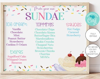 Fully Editable Make Your Own Sundae Sign Template, Ice Cream Party Decorations, Ice Cream Sign, Sundae Toppings, Corjl, Printable, Digital