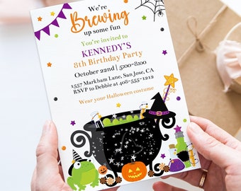 Editable Witch Birthday Invitation Template Halloween Birthday Invite Witches Cauldron We're Brewing Up Some Fun Corjl Printable WBCB