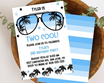 Editable Two Cool Birthday Invitation Template, 2nd Birthday Party Invite, Second Birthday, Summer Sunglasses Boys Birthday, Corjl, BLOC