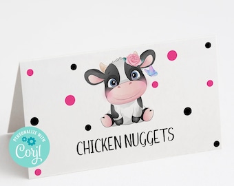 Editable Cow Food Cards Or Place Card For Farm Birthday Party or Cow Baby Shower, Cow Party Decorations, Corjl, Tent Cards, Digital, HCHM