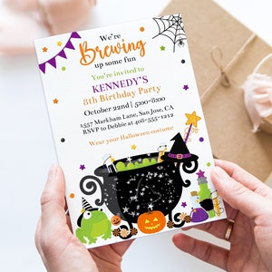 Editable Witch Birthday Invitation Template Halloween Birthday Invite Witches Cauldron We're Brewing Up Some Fun Corjl Printable WBCB image 1