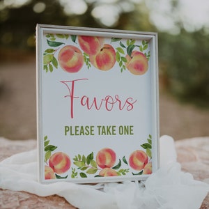 May include: White sign with a peach design and the text "Favors Please Take One".