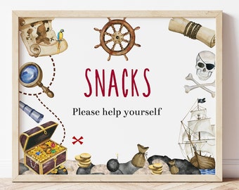 Pirate Party Snacks Sign, Printable Pirate Birthday Party, Pirate Snack Table Sign, Boys Pirate Party Decorations, Instant Download, PIBI