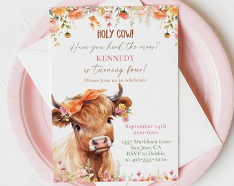 Editable Highland Cow Birthday Party Invitation Template, Holy Cow Have You Herd The Moos, Printable Girls Boho Wildflower, Corjl, HCHC