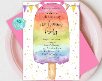 Editable Ice Cream Invitation, Ice Cream Birthday, Ice Cream Party, Rainbow, Popsicle Party, Printable Invitation, Corjl, Instant, ICWB