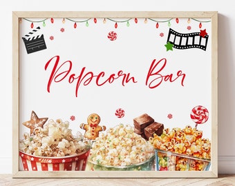 Wydrukuj świąteczny znak na bar popcornowy na noc filmową Dekoracje na noc filmową na Boże Narodzenie Dekoracje urodzinowe na Boże Narodzenie Znak na stół popcornowy Instant HMNG