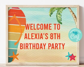 Editable Flip Flop Welcome Sign, Summer Birthday, Summer Party Decorations, Pool Party, Corjl, Printable Sign, Door Sign, Swim Party, FLBP