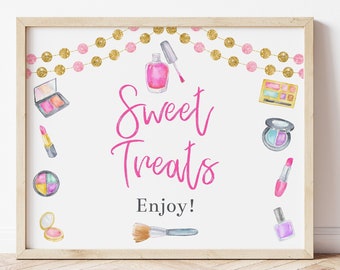 Sweet Treats Sign, Spa Birthday Party, Treat Table Sign, Makeup Party, Spa Party Signs, Spa Party Decorations, Printable, Tween Party, MASP