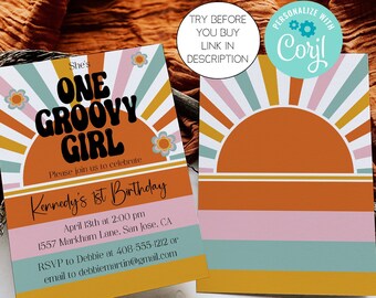Editable She's One Groovy Girl Invitation Template For 1st Birthday Party Or Any Age, Hippie Love Party, 70's Party, Corjl, Printable, GROO