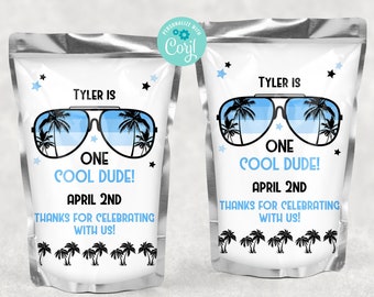 One Cool Dude Juice Label Template, Birthday Party Decorations, Sunglasses First Birthday Party. Juice Pouch Label, Corjl, 1st Birthday,BLOC