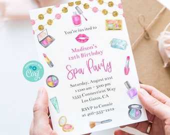 Editable Spa Party Invitation, Makeup Party, Tween Birthday Party, Spa Birthday, Invitation Template, Corjl, Printable Invitation, MASP