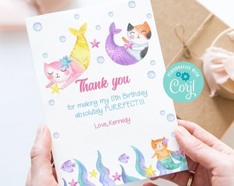 Mercat Thank You Card Template, Mermaid Cat, Purrmaid, Corjl, Editable Birthday Thank You Note, Printable Card, Under the Sea Party, MCBP