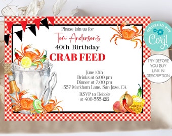 Editable Crab Feed Invitation Template, Crab Dinner, Crab Bake, Printable Crab Birthday Invite, Corjl, Seafood Dinner, Digital, CBAP