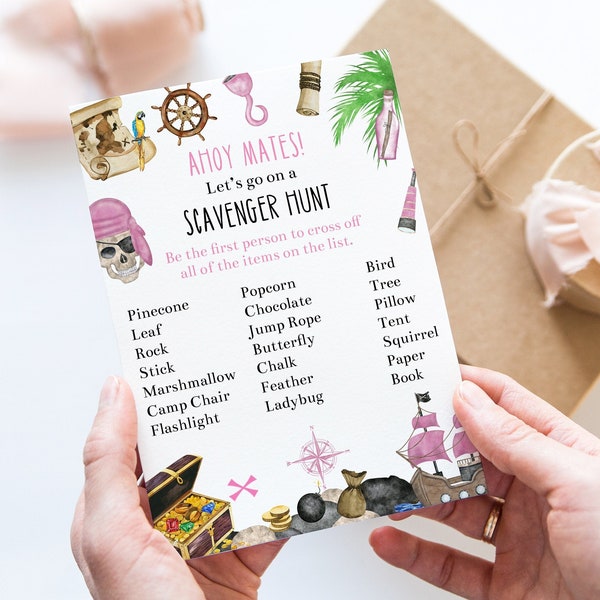 Editable Pirate Scavenger Hunt Game Template, Printable Pink Girls Pirate Birthday Party Activity, Girls Birthday Party, Corjl, PPGB