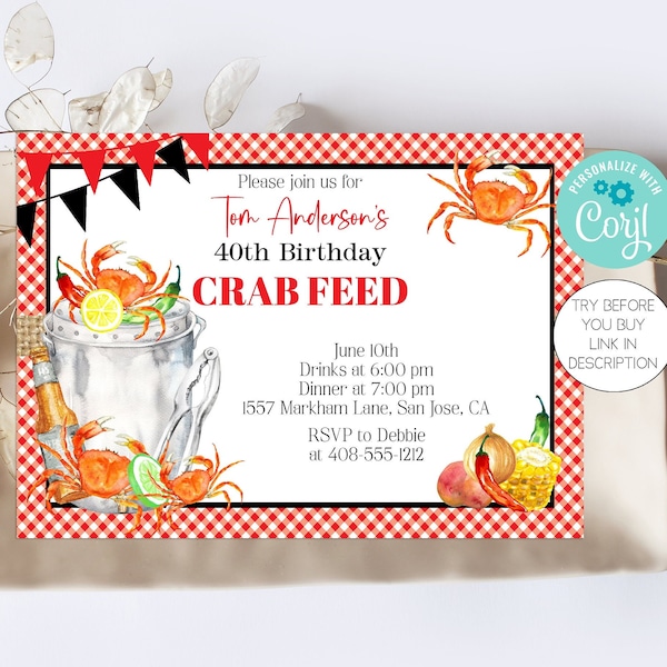 Editable Crab Feed Invitation Template, Crab Dinner, Crab Bake, Printable Crab Birthday Invite, Corjl, Seafood Dinner, Digital, CBAP