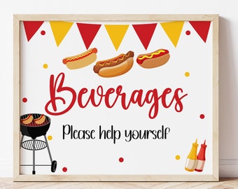 Hot Dog Beverages Sign, Hot Dog Party Decorations, Summer Birthday Party, 4th of July Party, Drinks Sign For Table Decorations, HOTD