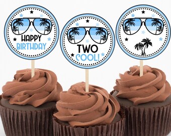 Printable Two Cool Cupcake Toppers, Boys 2nd Birthday, Second Birthday Party Decorations, Sunglasses Dude Birthday Instant Download, BLOC