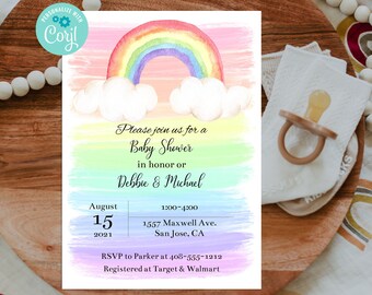 Editable Rainbow Baby Shower Invitation, Invitation Template, Gender Neutral, Watercolor Rainbow Invite, Printable Invitation, Corjl,  RWBS