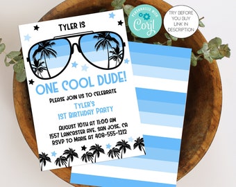 Editable One Cool Dude Invitation Template, 1st Birthday Invitation, First Birthday, Summer Invitation, Sunglasses Invitation, Corjl, BLOC