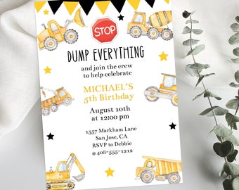 Editable Construction Birthday Party Invitation Template | Printable Dump Everything Dump Truck Party Invite | Boys Birthday | Corjl | BUCS