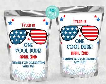 One Cool Dude Juice Label Template Birthday Party Decorations Sunglasses First Birthday Party Juice Pouch Label Corjl 1st Birthday ONEF
