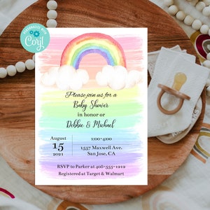 Editable Rainbow Baby Shower Invitation, Invitation Template, Gender Neutral, Watercolor Rainbow Invite, Printable Invitation, Corjl, RWBS image 1